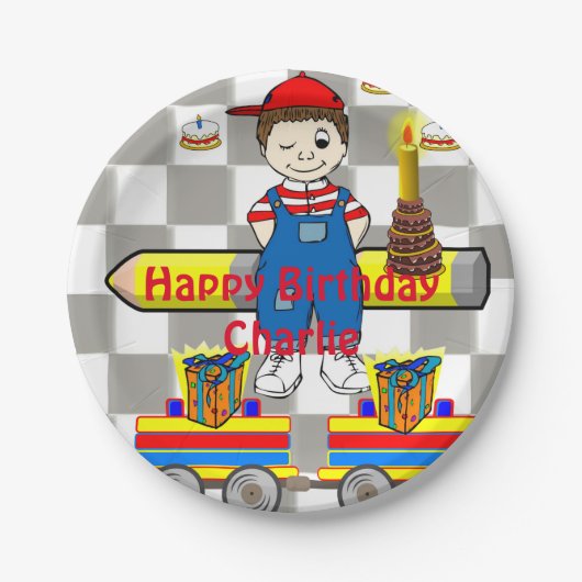 Papieren Borden, Happy Birthday Trains Boy Papieren Bordje (Voorkant)