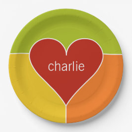 Papieren borden met hartpatroon en monogram bordje