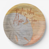 Papieren borden met zanddollarmotief en houtlook papieren bordje (Voorkant)