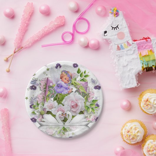 Papieren Borden, Paarse Baby Angel Bloemen Papieren Bordje (Feest)