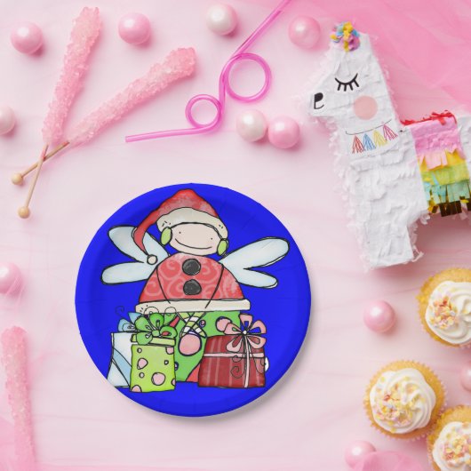 Papieren Borden, prettige kerstangel Santa Blue Papieren Bordje (Feest)