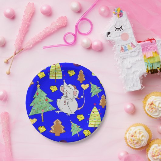 Papieren Borden, prettige kerstblauw-muis Papieren Bordje (Feest)