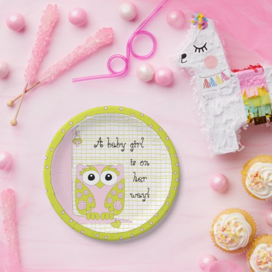 Papieren Borden "Roze/Groene Uil" Papieren Bordje (Feest)