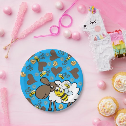 Papieren Borden, schaap bruin hartenblauw Papieren Bordje (Feest)