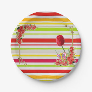 Papieren Borden, Stripe Floral Red Flowers Bordje