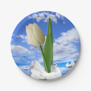 Papieren Borden, Tulp Floral White Birds Bordje