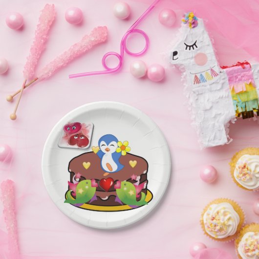 Papieren borden Valentijnsdag, Penguin Hearts Papieren Bordje (Feest)