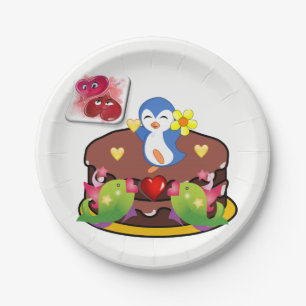 Papieren borden Valentijnsdag, Penguin Hearts Papieren Bordje