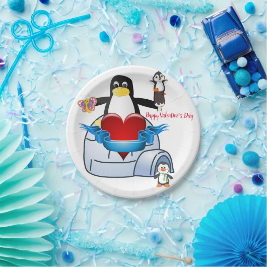 Papieren borden Valentijnsdag, Penguin Hearts Papieren Bordje (Feest)