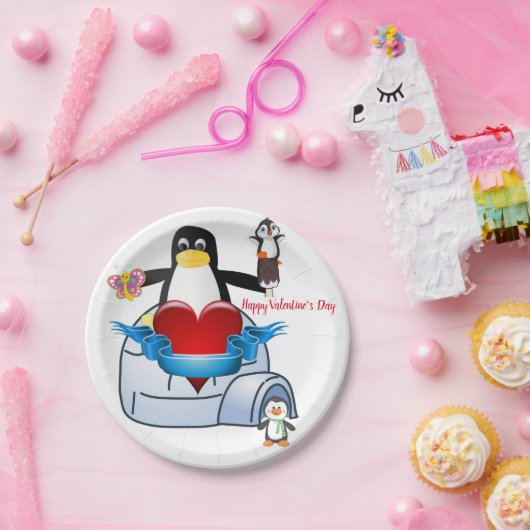 Papieren borden Valentijnsdag, Penguin Hearts Papieren Bordje (Feest)
