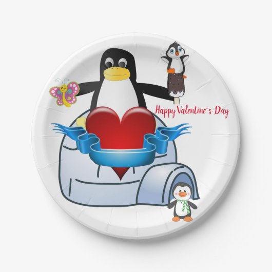 Papieren borden Valentijnsdag, Penguin Hearts Papieren Bordje (Voorkant)
