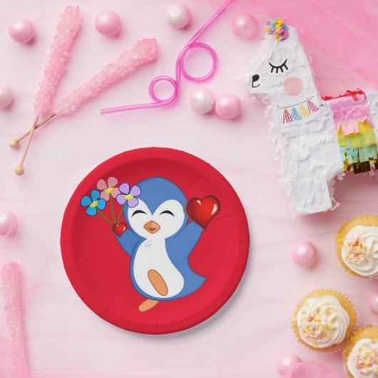 Papieren borden Valentijnsdag, Penguin Hearts Papieren Bordje (Feest)