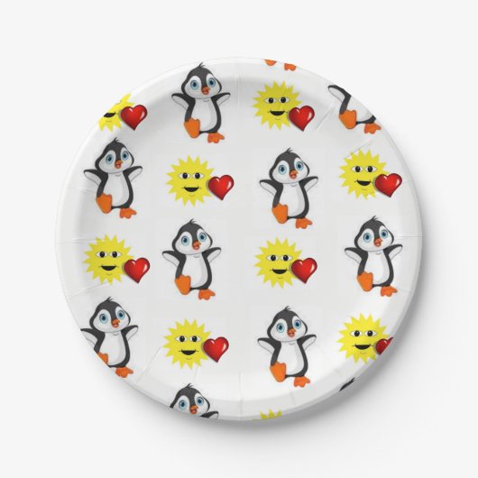 Papieren borden Valentijnsdag, Penguin Hearts Papieren Bordje (Voorkant)