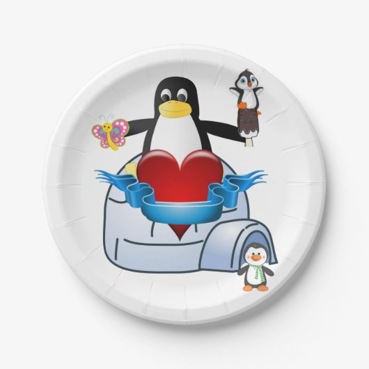 Papieren borden Valentijnsdag, Penguin Hearts Papieren Bordje (Voorkant)