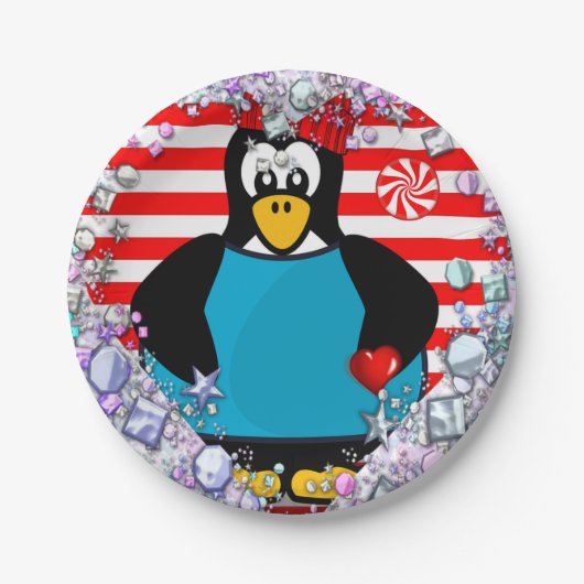 Papieren borden Valentijnsdag, Penguin Hearts Papieren Bordje (Voorkant)