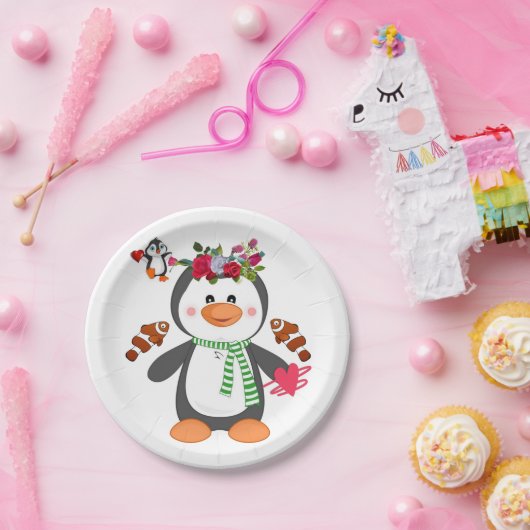 Papieren borden Valentijnsdag, Penguin Hearts Papieren Bordje (Feest)