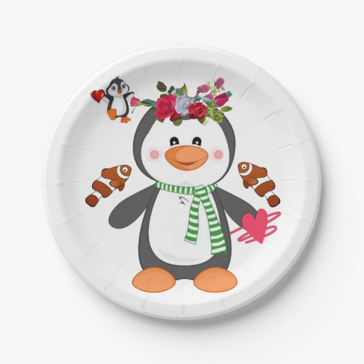 Papieren borden Valentijnsdag, Penguin Hearts Papieren Bordje (Voorkant)