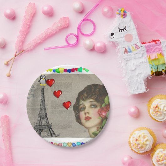 Papieren borden Valentijnsdag, Penguin Hearts Papieren Bordje (Feest)