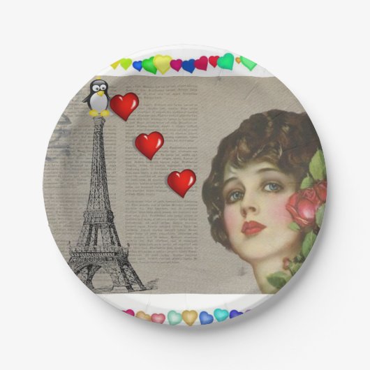 Papieren borden Valentijnsdag, Penguin Hearts Papieren Bordje (Voorkant)