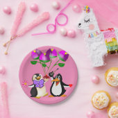 Papieren borden Valentijnsdag, Penguin Hearts Papieren Bordje (Feest)