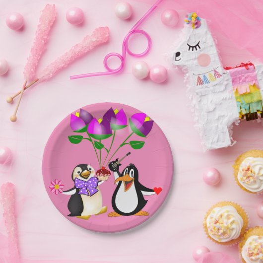 Papieren borden Valentijnsdag, Penguin Hearts Papieren Bordje (Feest)