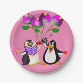 Papieren borden Valentijnsdag, Penguin Hearts Papieren Bordje (Voorkant)