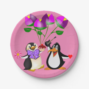 Papieren borden Valentijnsdag, Penguin Hearts Papieren Bordje