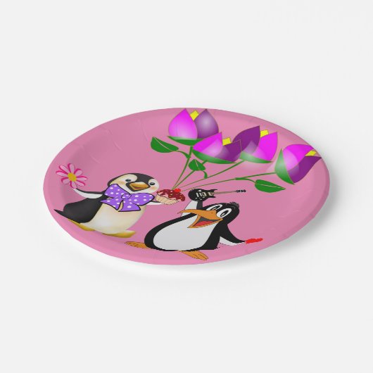 Papieren borden Valentijnsdag, Penguin Hearts Papieren Bordje (Gekanteld)