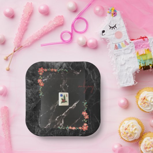 Papieren borden van Mahjong met marmer- en bloemon Papieren Bordje (Feest)