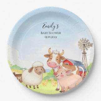 Papieren borden voor babyfeestje met boerderijdier bordje