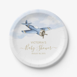 Papieren borden voor vintage vliegtuig babyshower bordje
