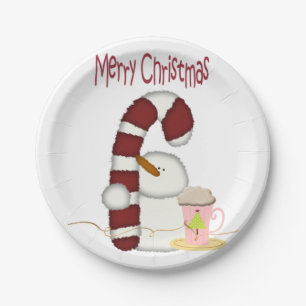 Papieren Borden, Vrolijk Kerstmis Sneeuwman Cappuc Papieren Bordje