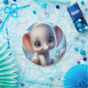 Papieren borden, Witte Baby Olifant Blauwe Bloemen Bordje