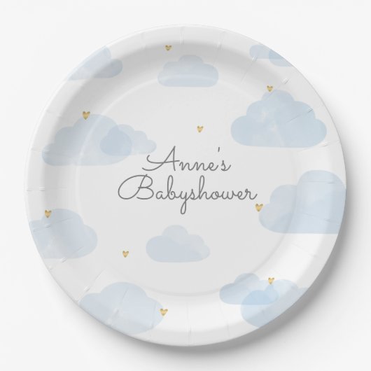 Papieren bordje babyshower lichtblauwe wolken (Voorkant)