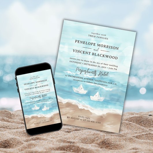 Papieren boten op Zee Beach bruiloft uitnodiging