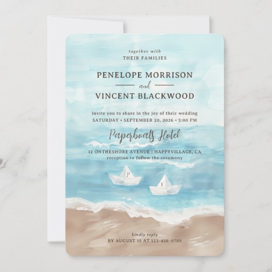 Papieren boten op Zee Beach bruiloft uitnodiging (Voorkant)