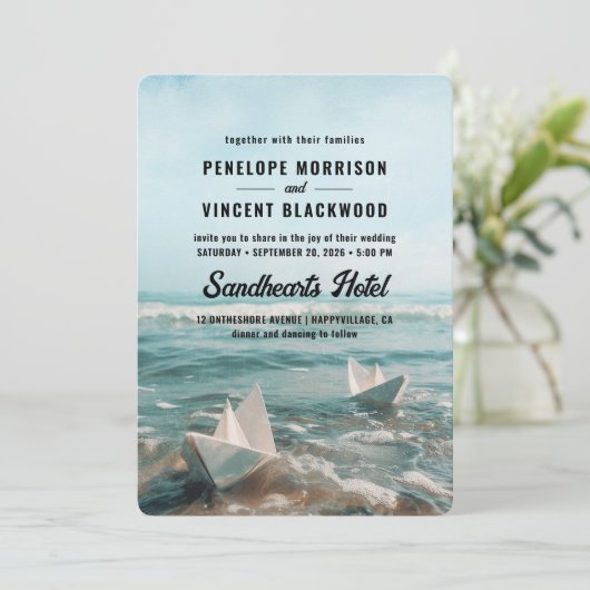papieren boten op Zee bruiloft uitnodiging (Staand voorkant)