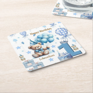 Papieren Coasters Happy 1e Verjaardag Teddybeer Bl Kartonnen Onderzetters