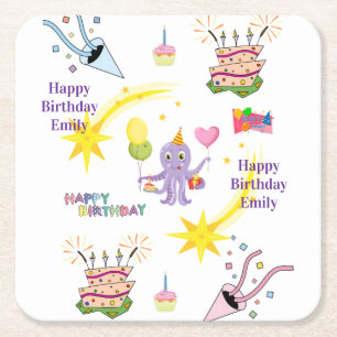 Papieren Coasters Happy Birthday Octopus Cupcake Kartonnen Onderzetters