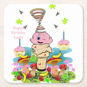 Papieren Coasters Happy Verjaardag Roze Cupcake  Kartonnen Onderzetters