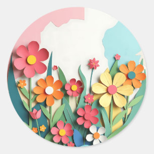 Papieren collage bloementuin ronde sticker
