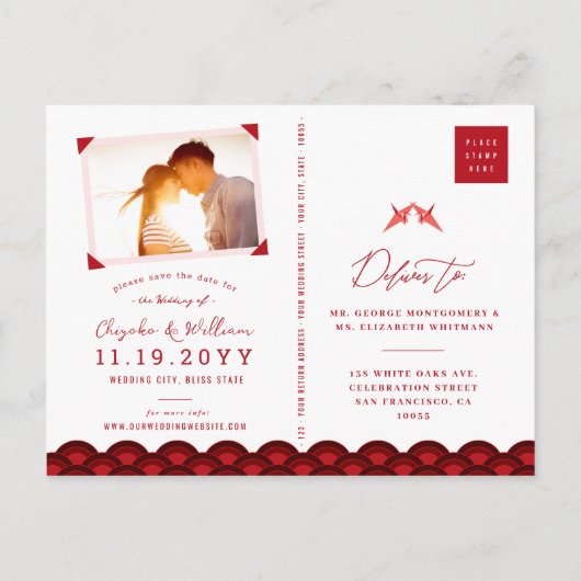 Papieren cranes Scallop Pattern Weddenschap Save t Aankondigingskaart (Achterkant)