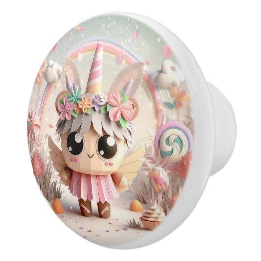 Papieren eenhoorn (Schattigee origami) Keramische Knop (Rechts)