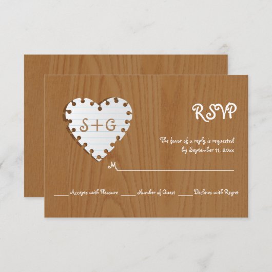 Papieren hart op hout met monogram bruiloft RSVP (Voorkant / Achterkant)