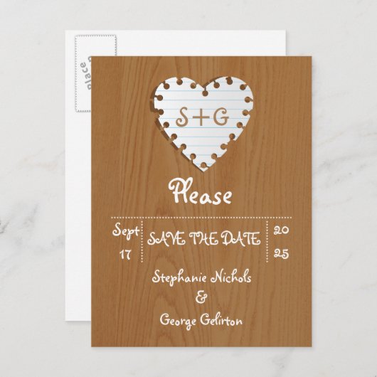 Papieren hart op houtbruiloft Bespaar op datum Aankondigingskaart (Voorkant / Achterkant)