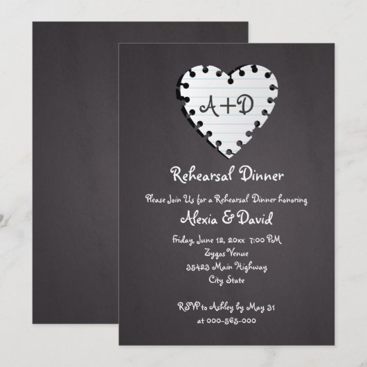 Papieren hart op krijtbord bruiloft repetitie dine kaart (Voorkant / Achterkant)