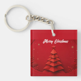 Papieren Kerstboom Rood Achtergrond Sleutelhanger