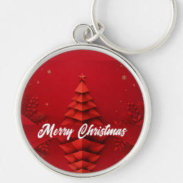 Papieren Kerstboom Rood Achtergrond Sleutelhanger