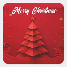 Papieren Kerstboom Rood Achtergrond Vierkante Sticker