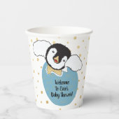 Papieren kopjes met baby shower "Gold/Blue Penguin Papieren Bekers (Voorkant)
